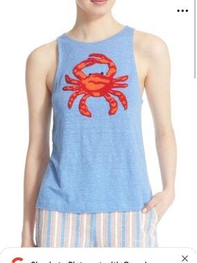Tory Burch Light Blue Tank with Red-Orange Crab Motif